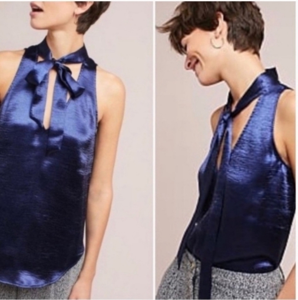 Anthropologie Maeve Navy Satin Tie Neck Sleeveless Swing Blouse Top 2P - Picture 8 of 16